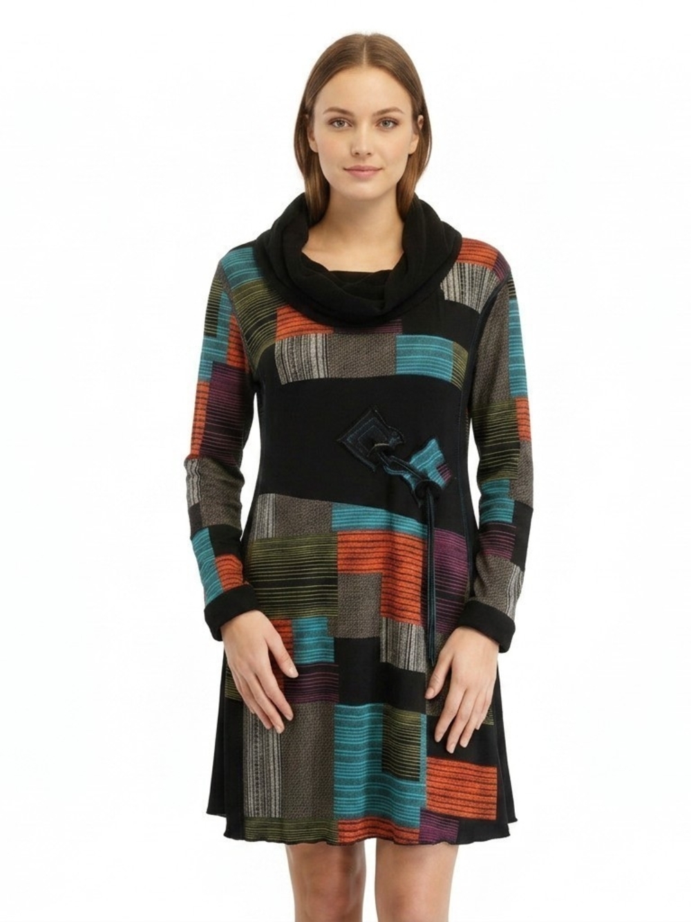 Joseph Ribkoff Artsy Patchwork Cowl Neck Tunic Dress Colorblock Size 12